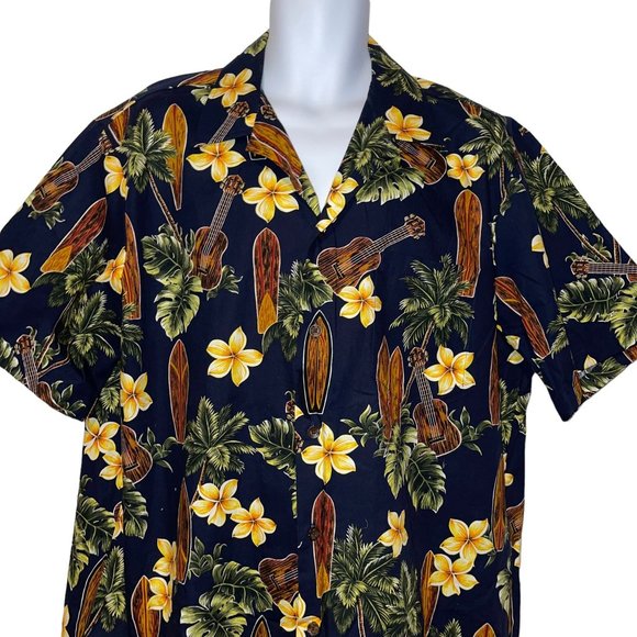 RJC Hawaiian Shirt Mens XL Surfboard Board Navy Floral Aloha Vacation Plumeria - Picture 2 of 10